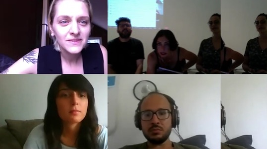 Several faces in a video conference call.