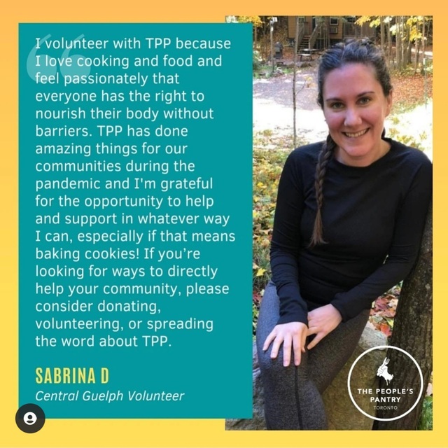Testimonial from Sabrina: I volunteer with TPP because I love cooking and food and feel passionately that everyone has the right to nourish their body without barriers. TPP has done amazing things for our communities during the pandemic and I'm grateful for the opportunity to help and support in whatever way I can, especially if that means baking cookies! If you're looking for ways to directly help your community, please consider donating, volunteering, or spreading the word about TPP.
